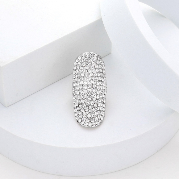 Clear Silver Long Shield Rhinestone Crystal Shell Stretch Statement Ring Finger - Picture 3 of 5
